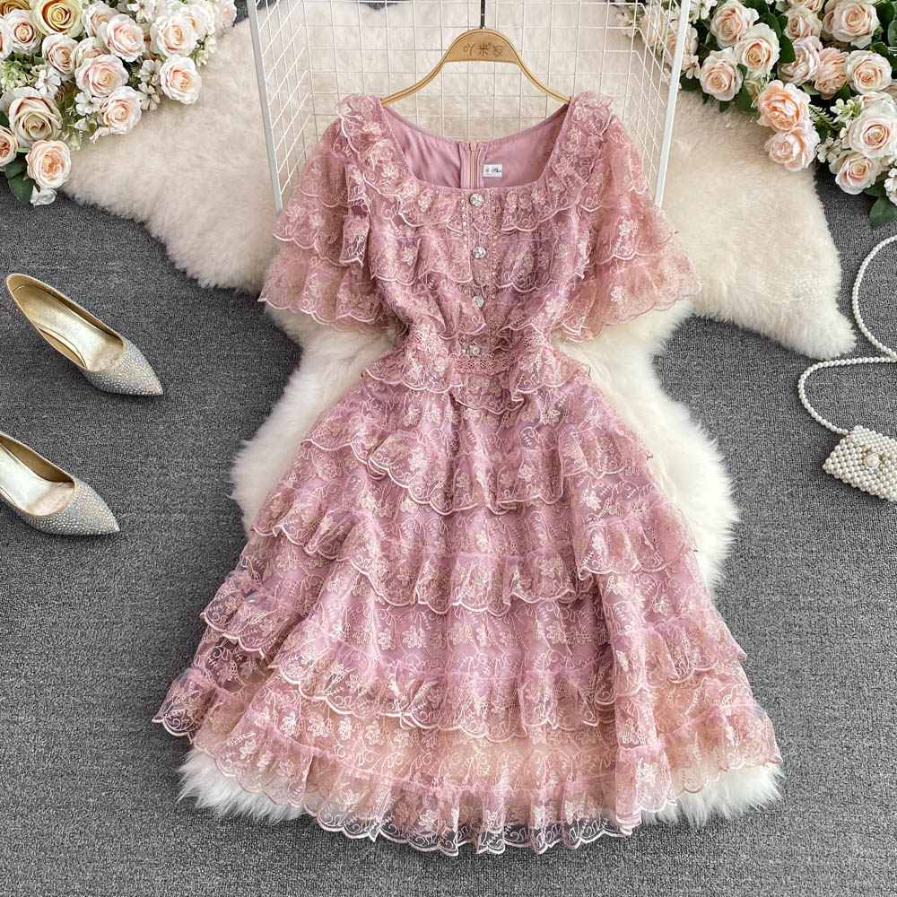 Retro slim summer lace square collar light dress