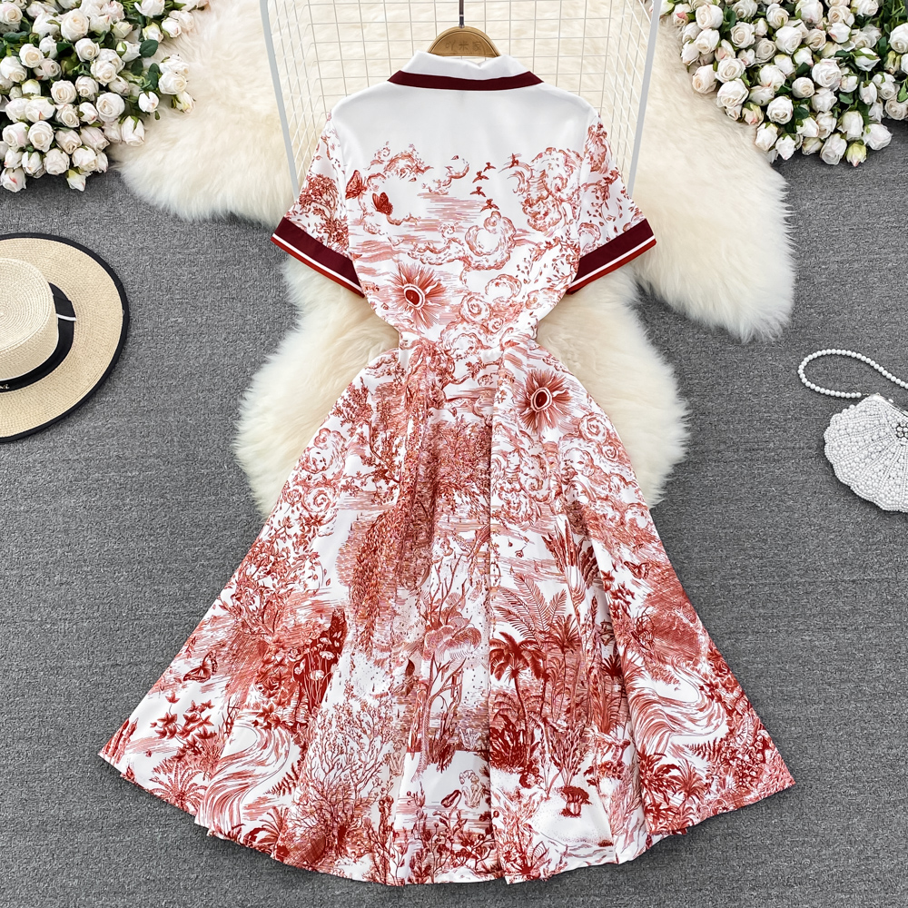 Lapel printing single-breasted big skirt temperament dress