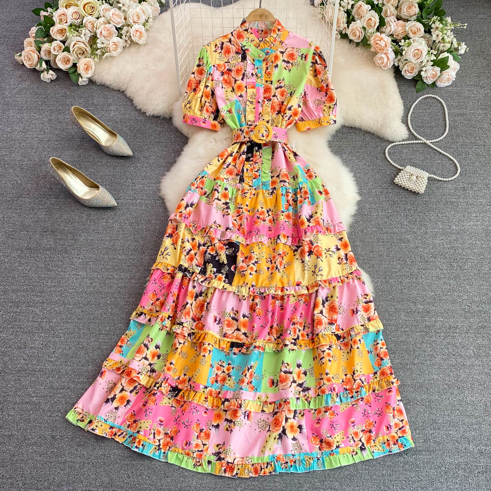 Big skirt cstand collar printing elegant summer dress