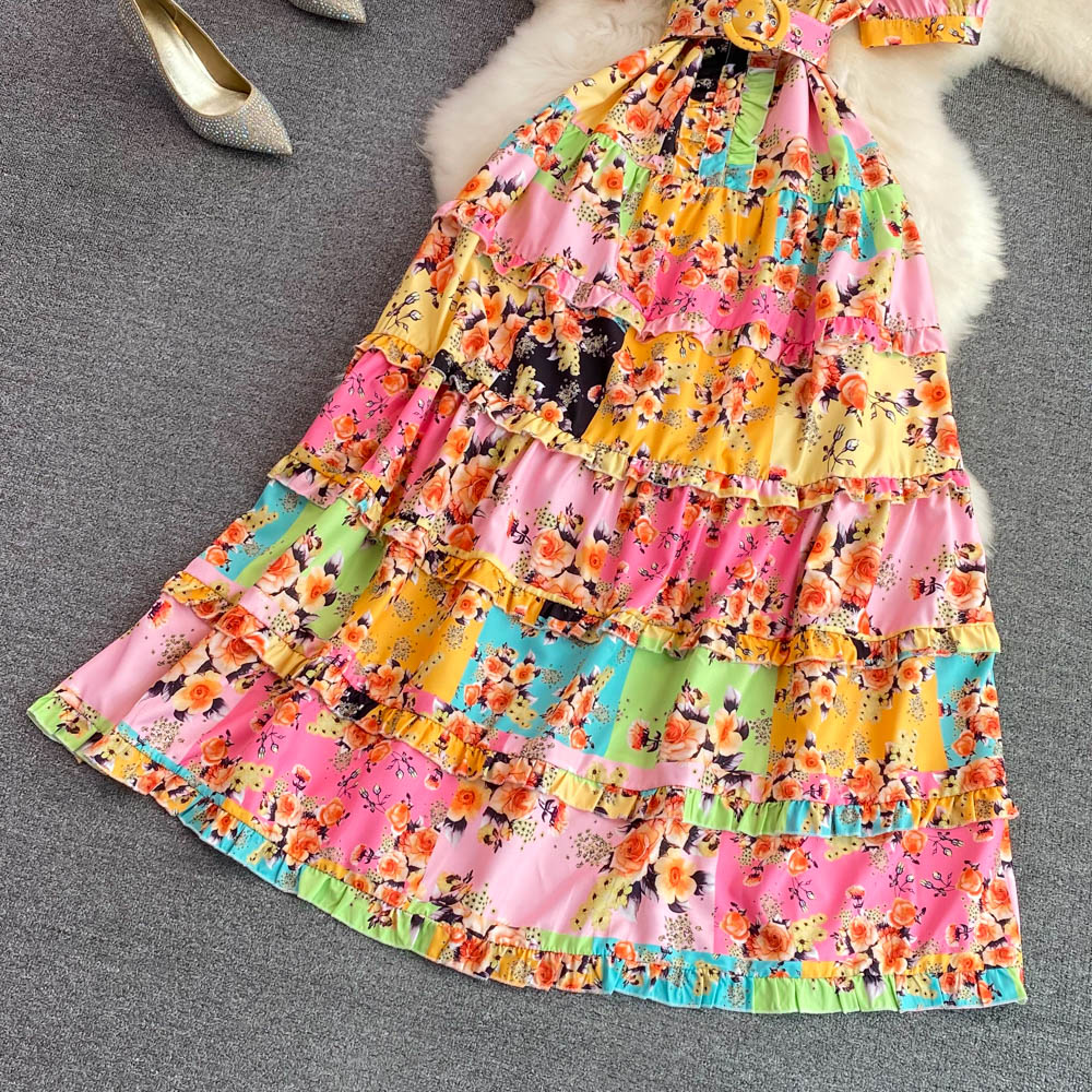 Big skirt cstand collar printing elegant summer dress