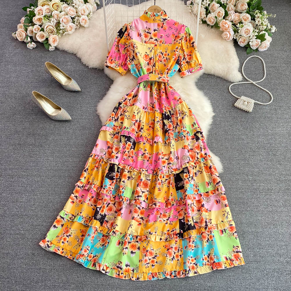 Big skirt cstand collar printing elegant summer dress