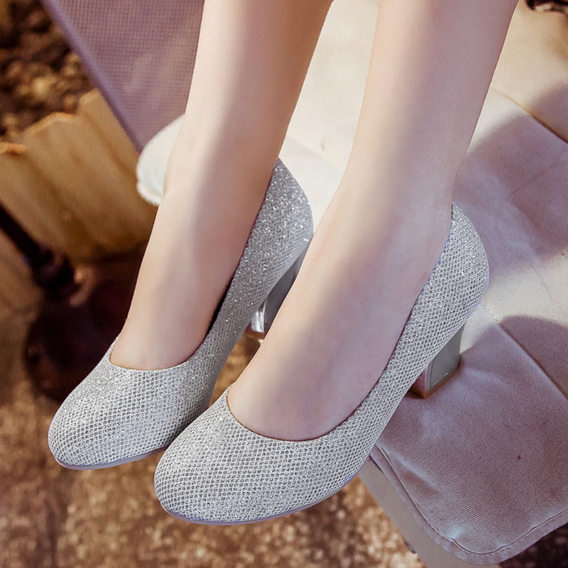 Middle-heel thick Korean style low spring sequins shoes