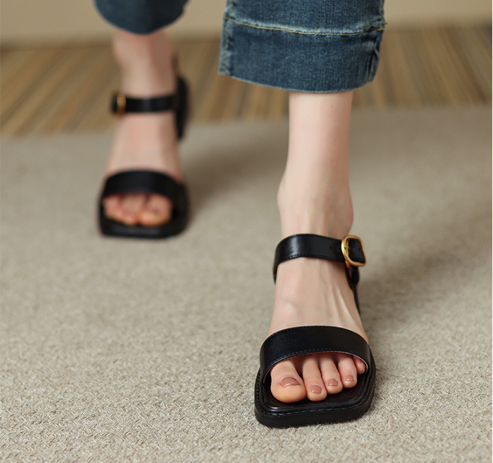 Flat leather shoes square head sandals for women