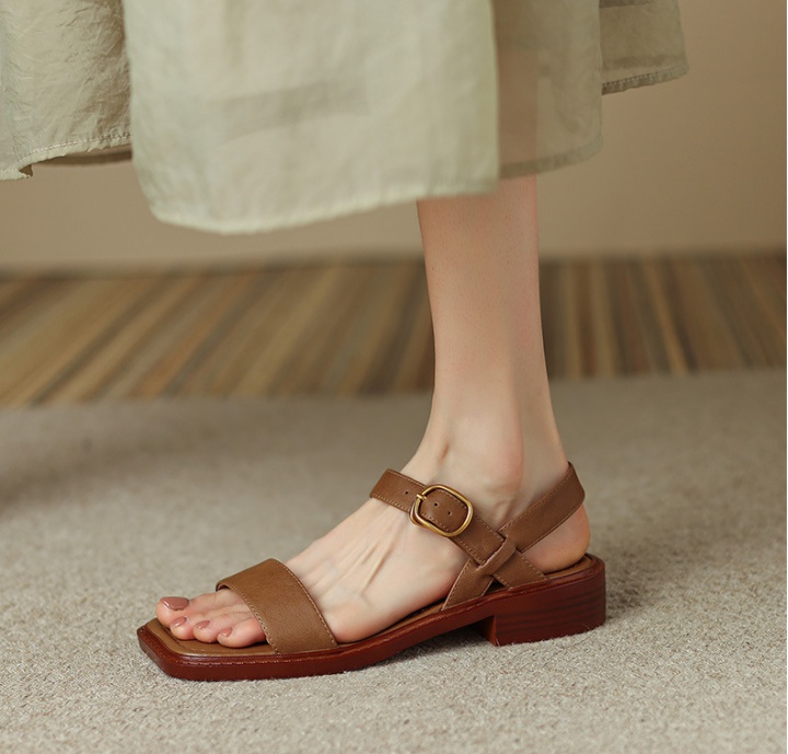 Flat leather shoes square head sandals for women