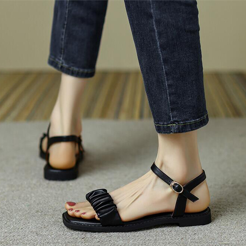 Buckle open toe flattie cowhide sandals for women