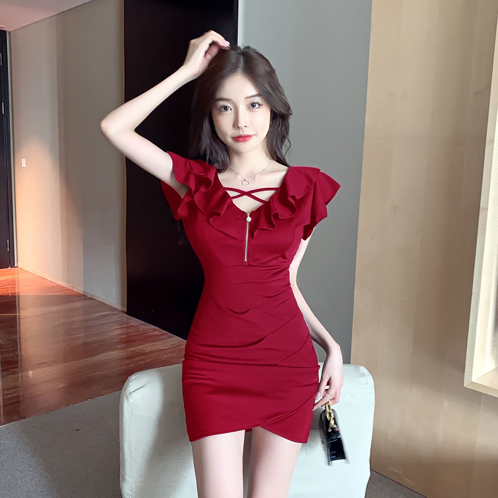 U-neck irregular package hip lotus leaf edges dress