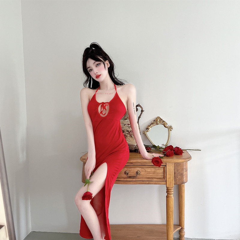 Split elasticity red dress sexy slim long dress for women