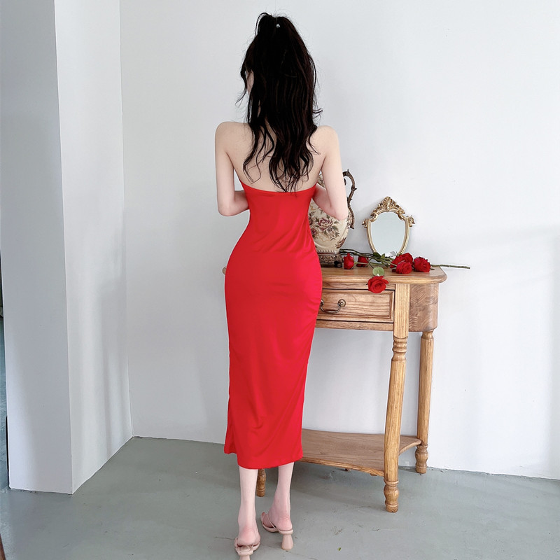 Split elasticity red dress sexy slim long dress for women