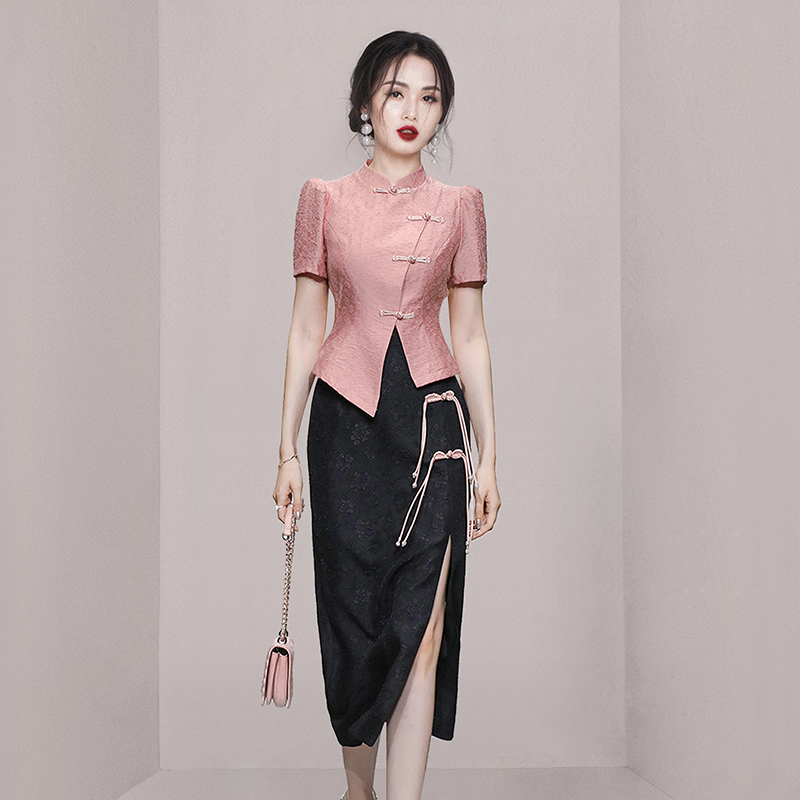 Chinese style slim tops short sleeve skirt 2pcs set