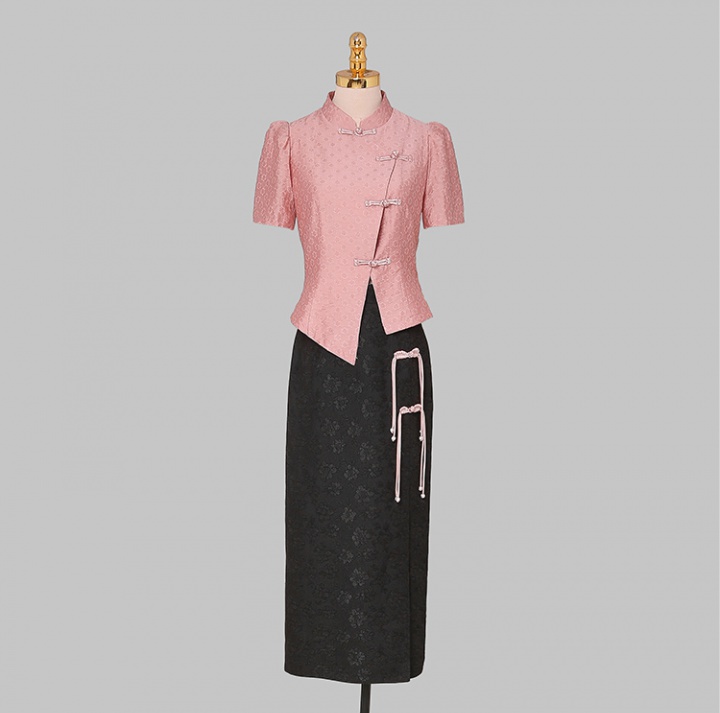 Chinese style slim tops short sleeve skirt 2pcs set