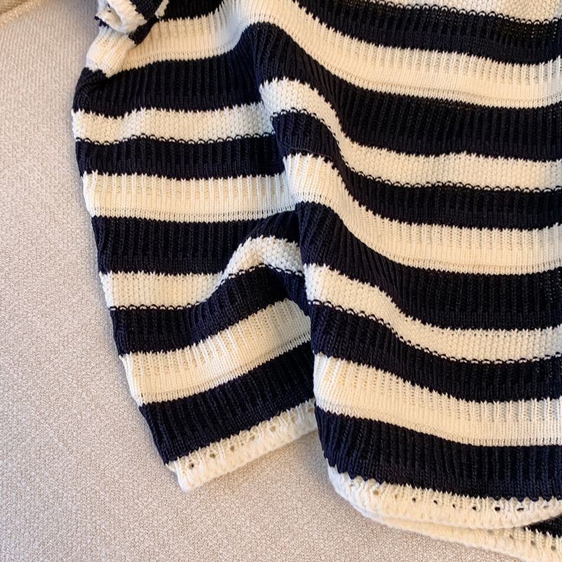 Stripe knitted T-shirt short sleeve crochet tops
