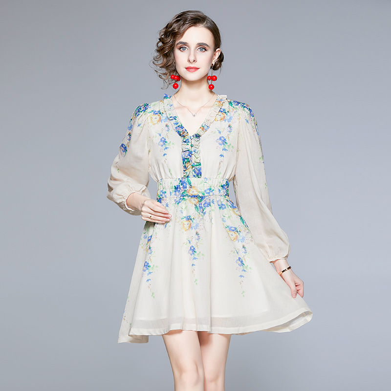 V-neck printing spring and summer blending temperament dress