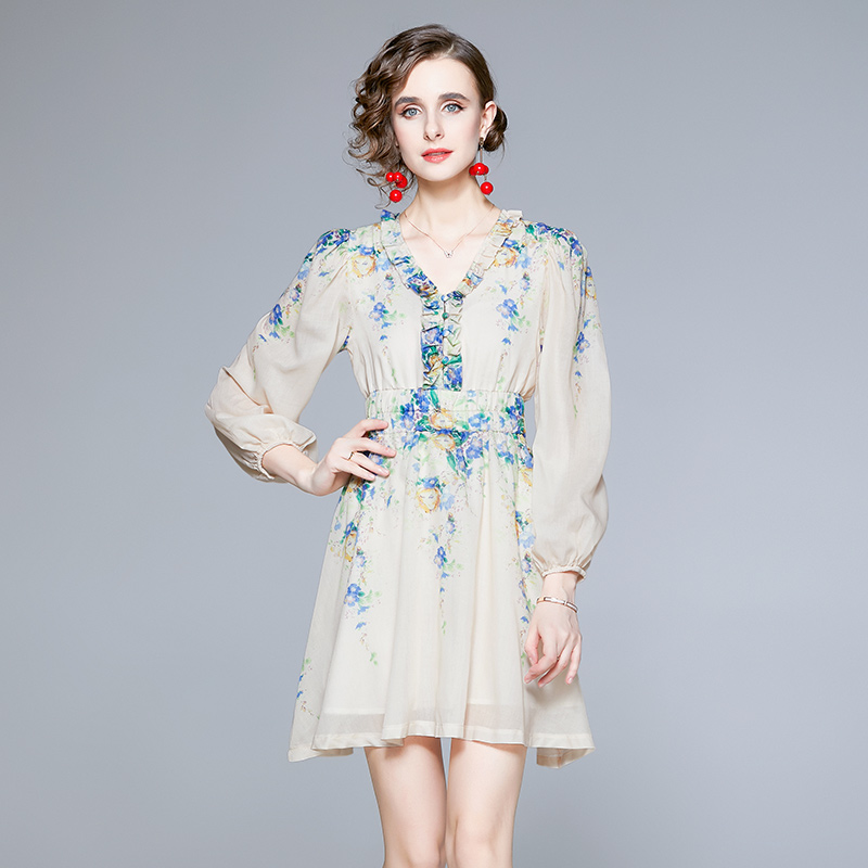 V-neck printing spring and summer blending temperament dress
