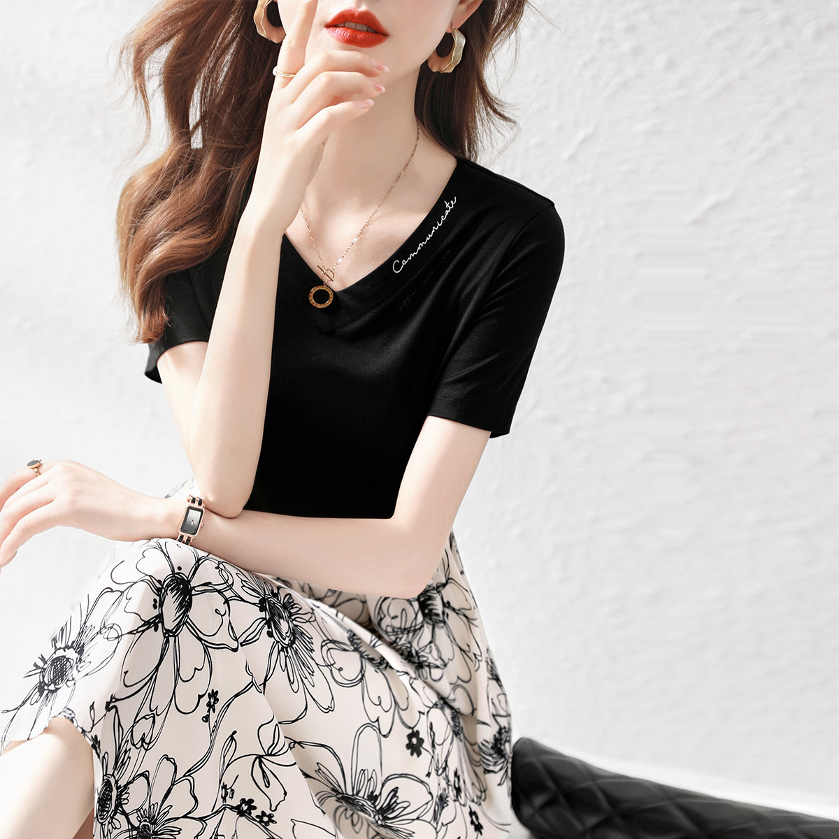 Summer Pseudo-two T-shirt France style flowers dress