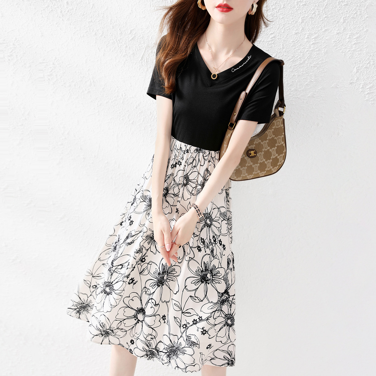 Summer Pseudo-two T-shirt France style flowers dress