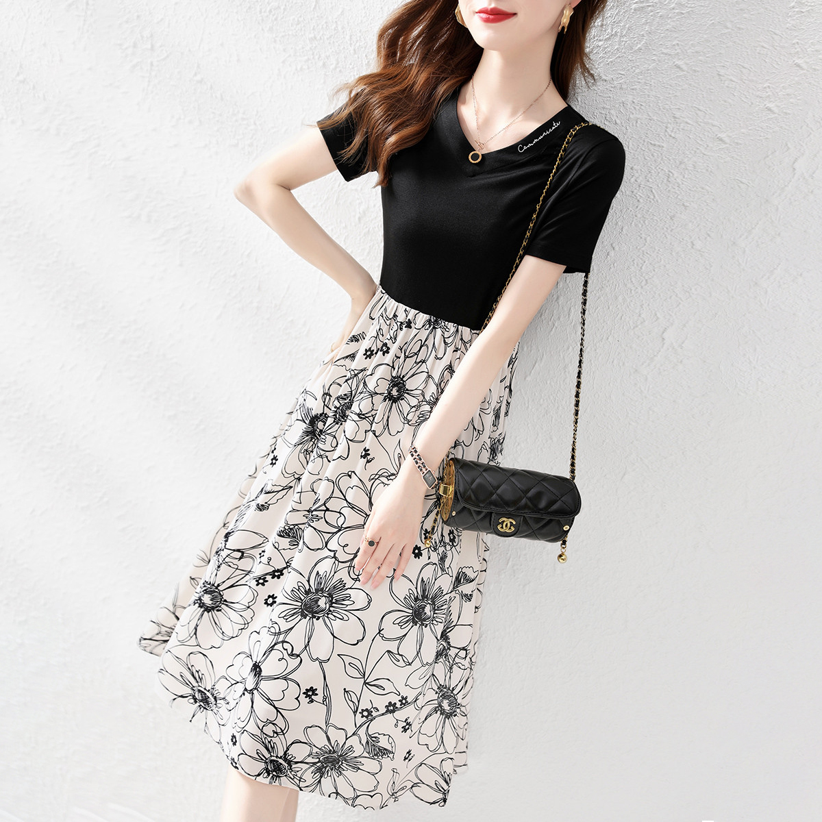 Summer Pseudo-two T-shirt France style flowers dress