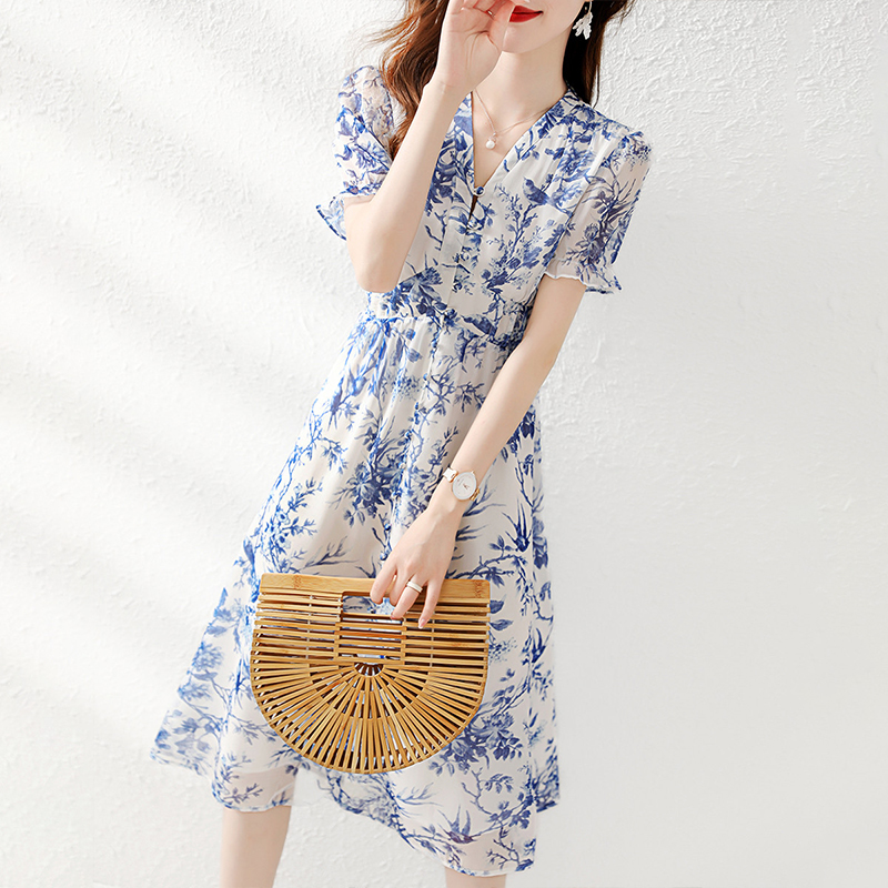 Summer floral chiffon beautiful slim temperament elegant dress