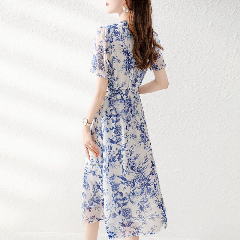 Summer floral chiffon beautiful slim temperament elegant dress