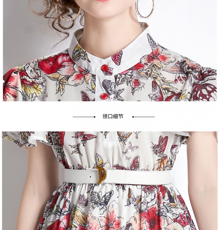 Pinched waist printing cstand collar summer dress for women