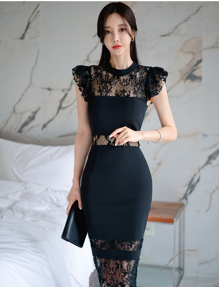 Commuting splice lace slim Korean style black dress