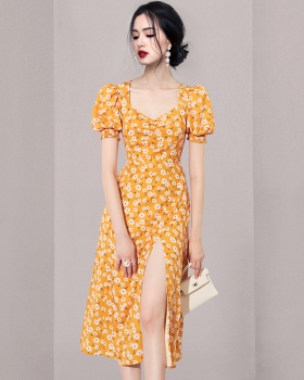 Long simple fashion front split Korean style printing dress