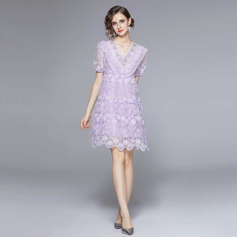 V-neck puff sleeve lady dress court style dress