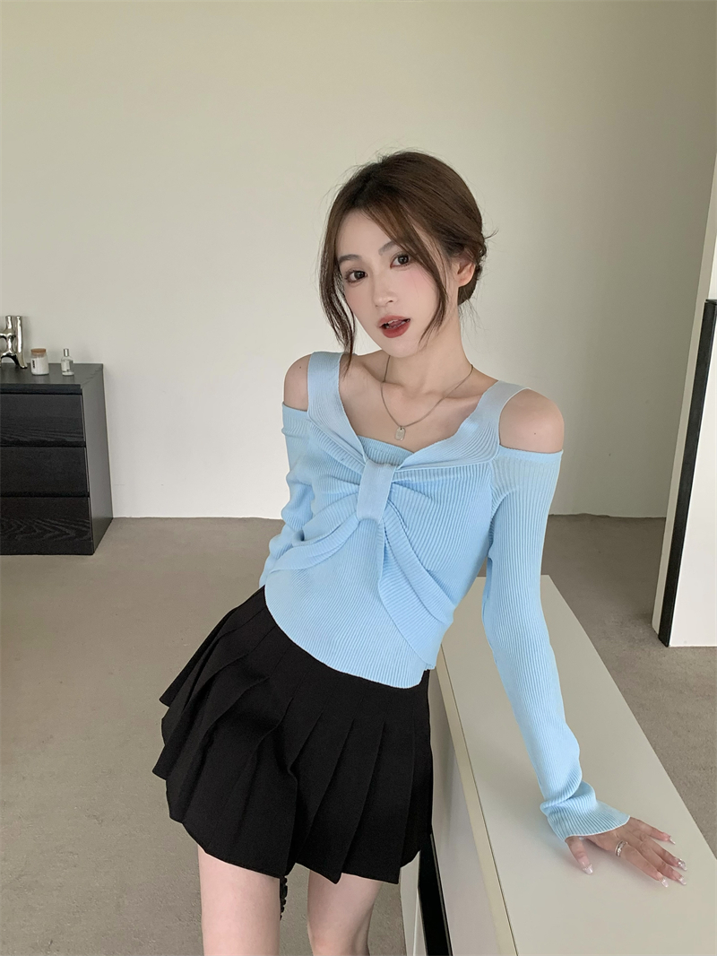 Knitted France style fold bow slim tops for women