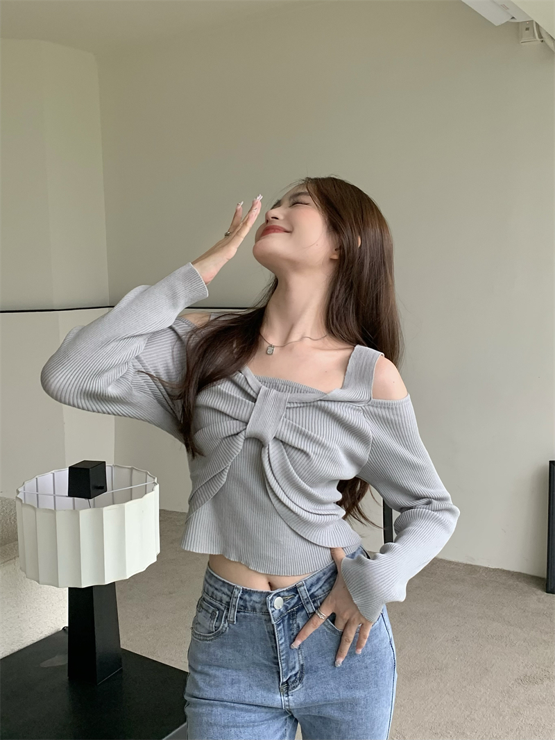 Knitted France style fold bow slim tops for women