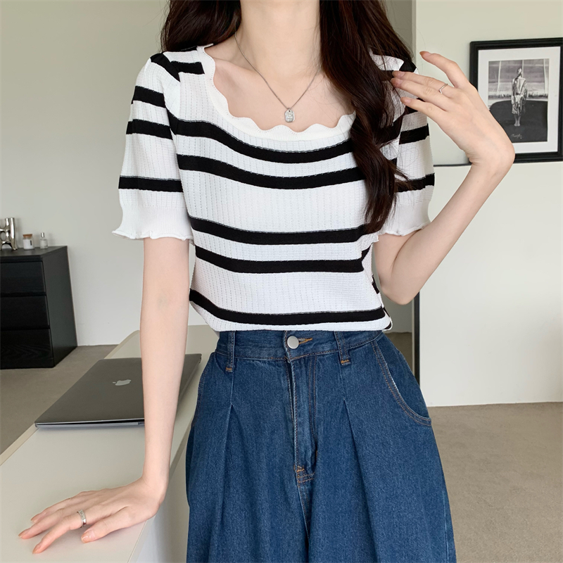 France style square collar tops stripe Korean style T-shirt