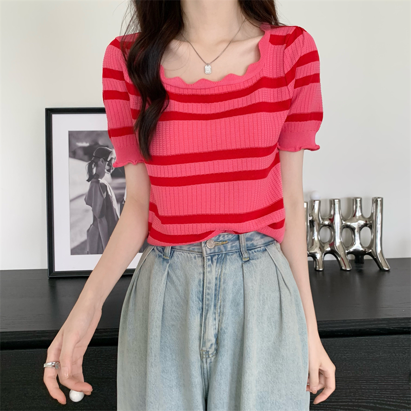 France style square collar tops stripe Korean style T-shirt