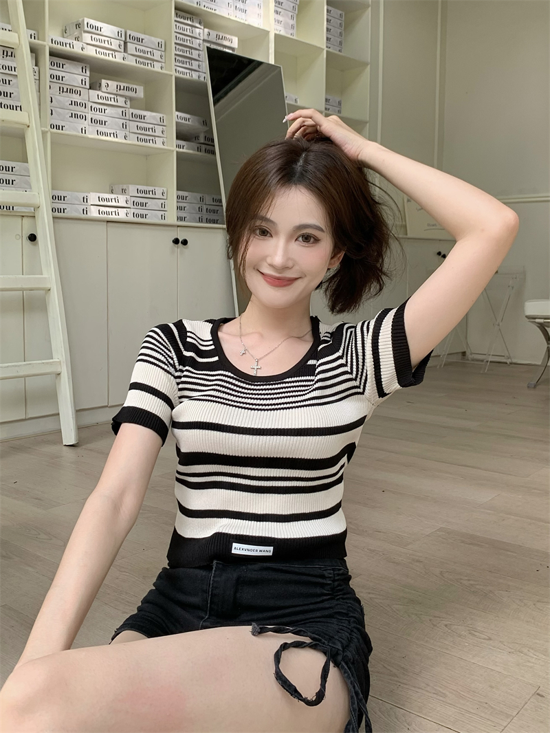 Slim square collar Korean style stripe summer tops