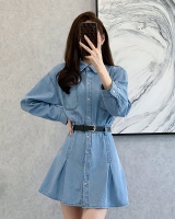 France style denim autumn dress pinched waist pleated T-back