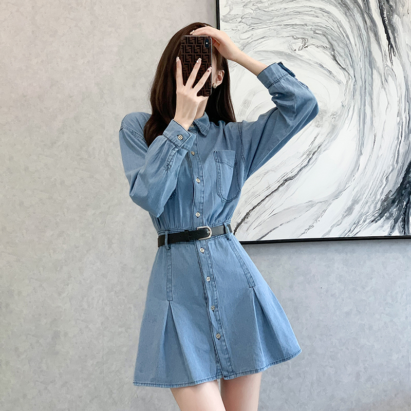 France style denim autumn dress pinched waist pleated T-back