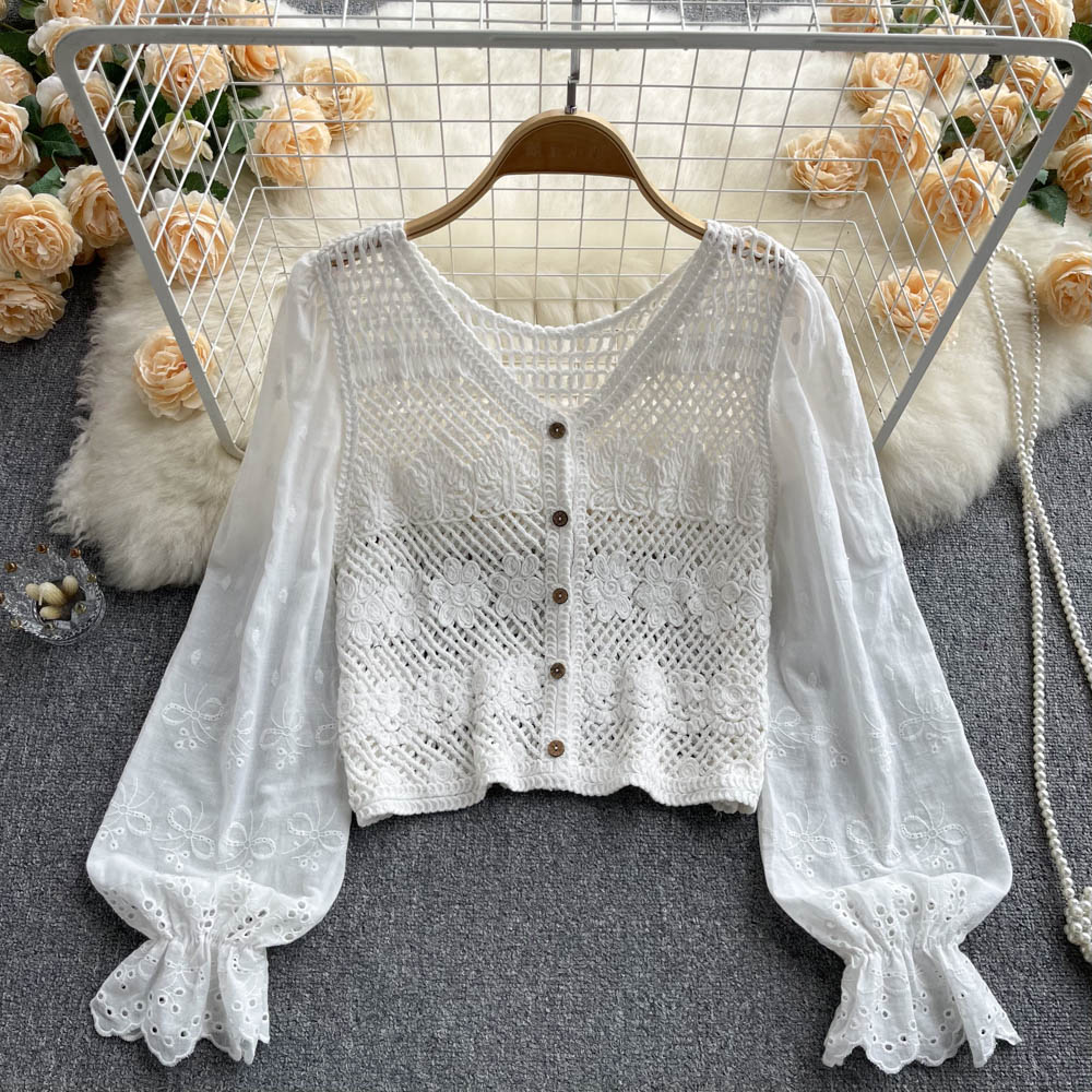 Crochet hollow shirt white summer tops for women