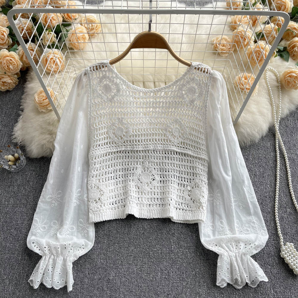 Crochet hollow shirt white summer tops for women