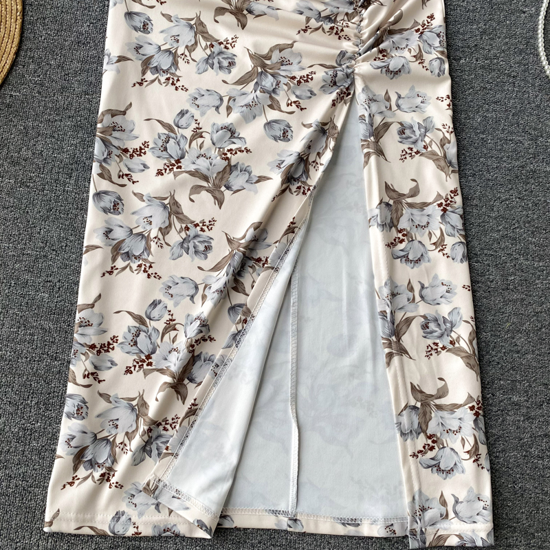 Printing pinched waist dress split cheongsam for women