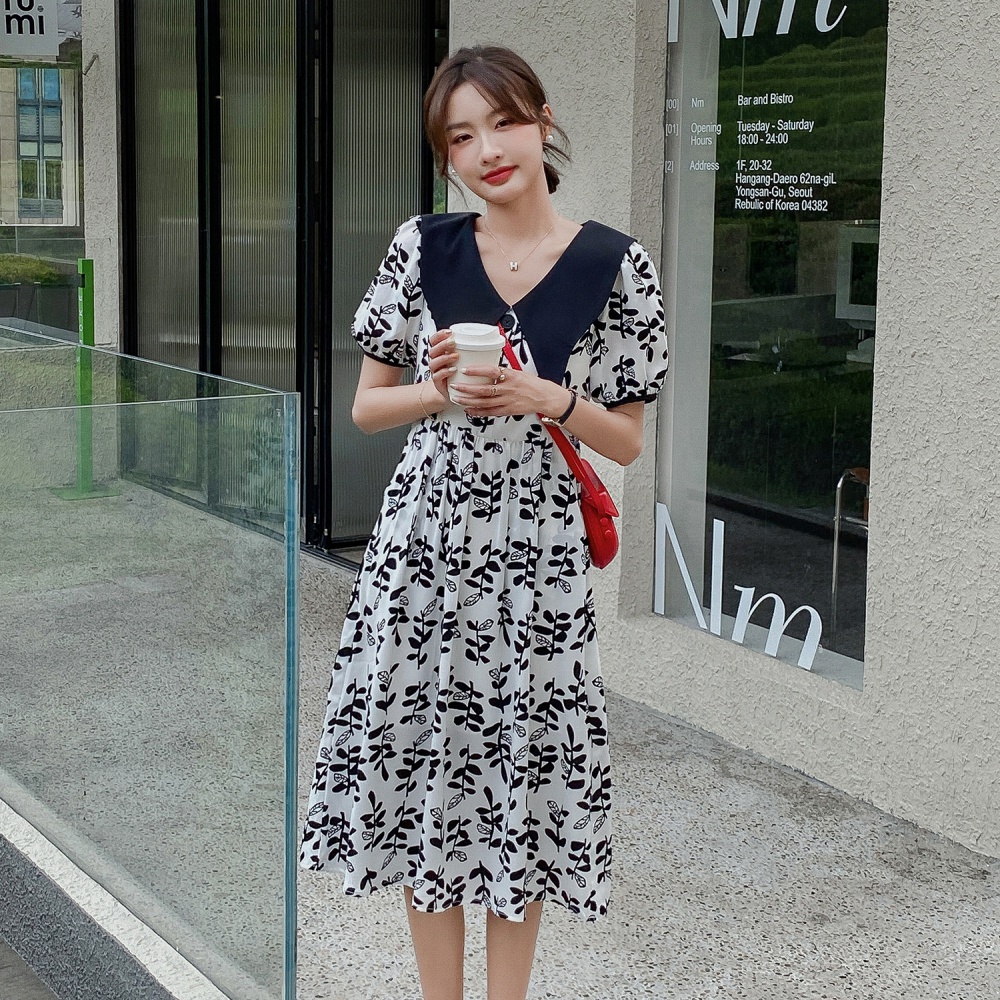 Doll collar Korean style printing slim France style dress