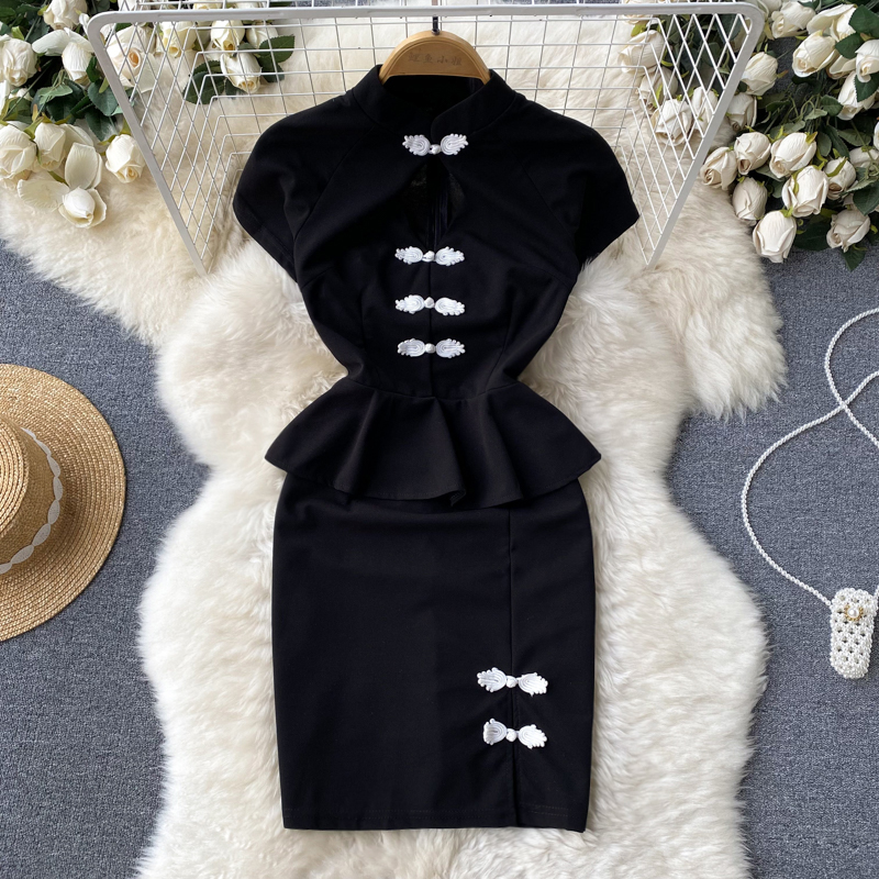 Pinched waist summer package hip dress black unique T-back