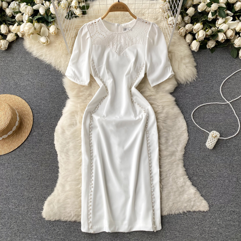 Short sleeve white long dress splice dress for women