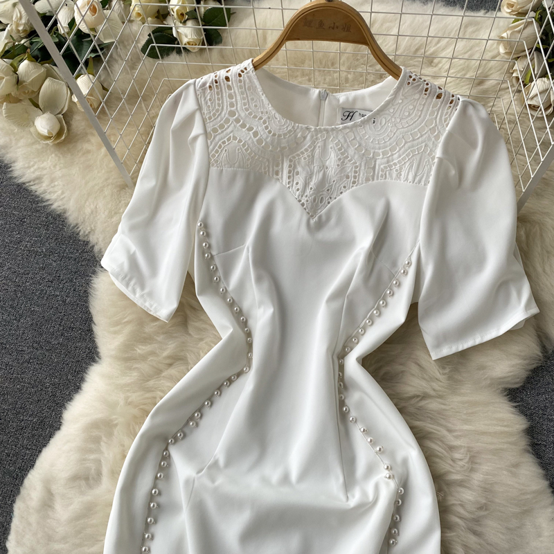 Short sleeve white long dress splice dress for women