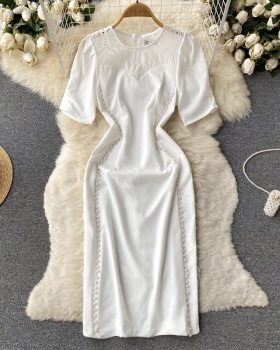Short sleeve white long dress splice dress for women