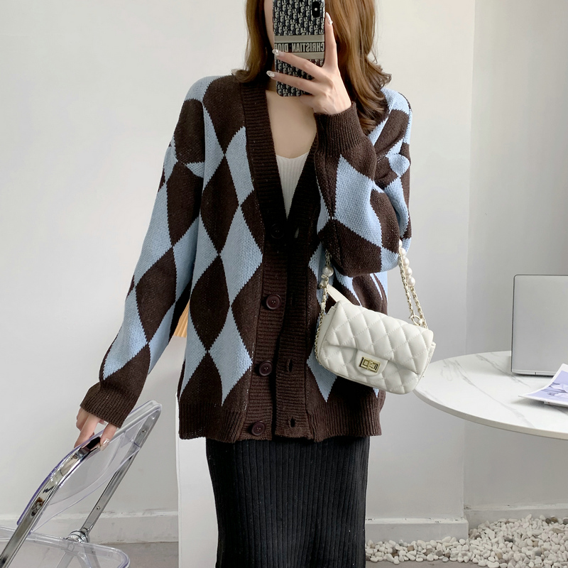Knitted diamond cardigan loose simple sweater for women