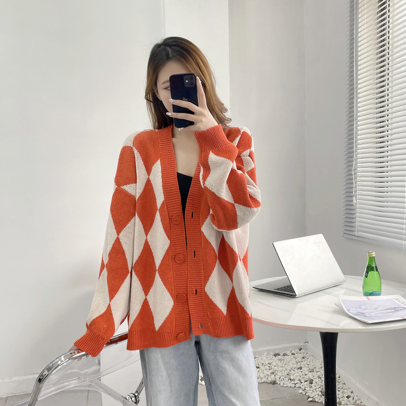 Knitted diamond cardigan loose simple sweater for women