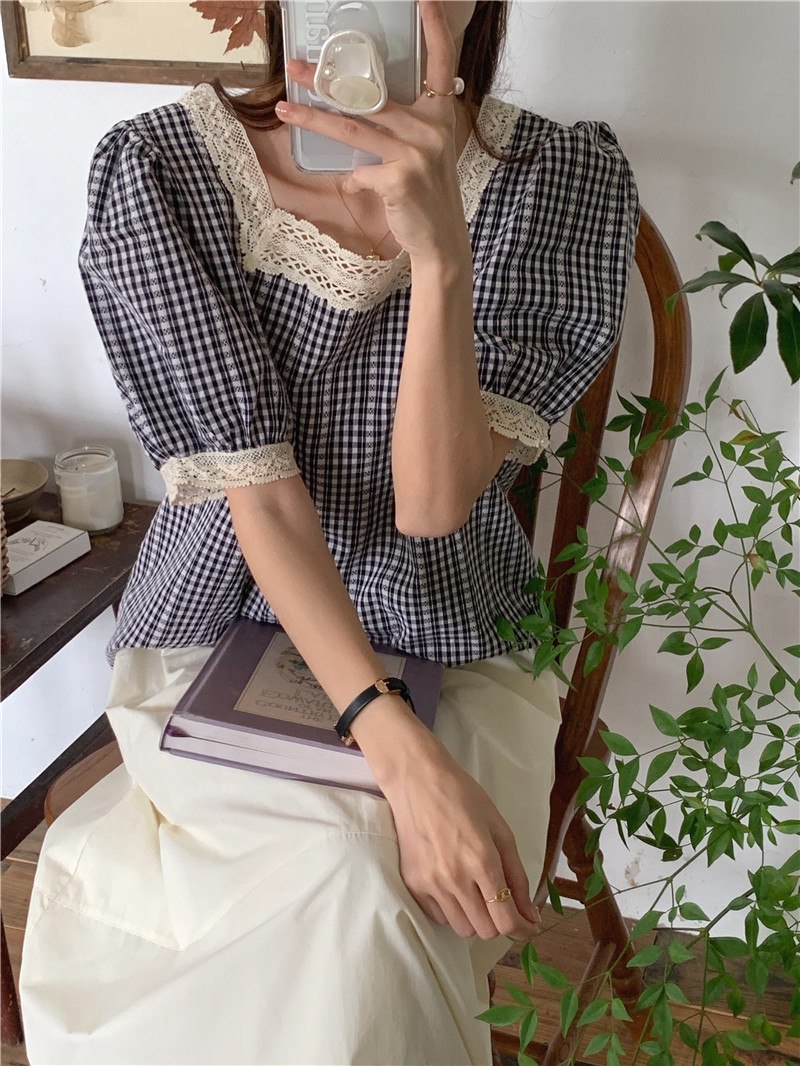 Lace small plaid splice Korean style short sleeve shirt