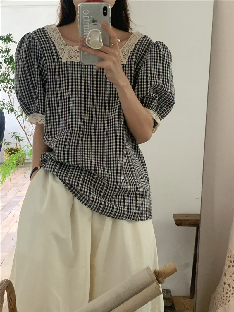 Lace small plaid splice Korean style short sleeve shirt