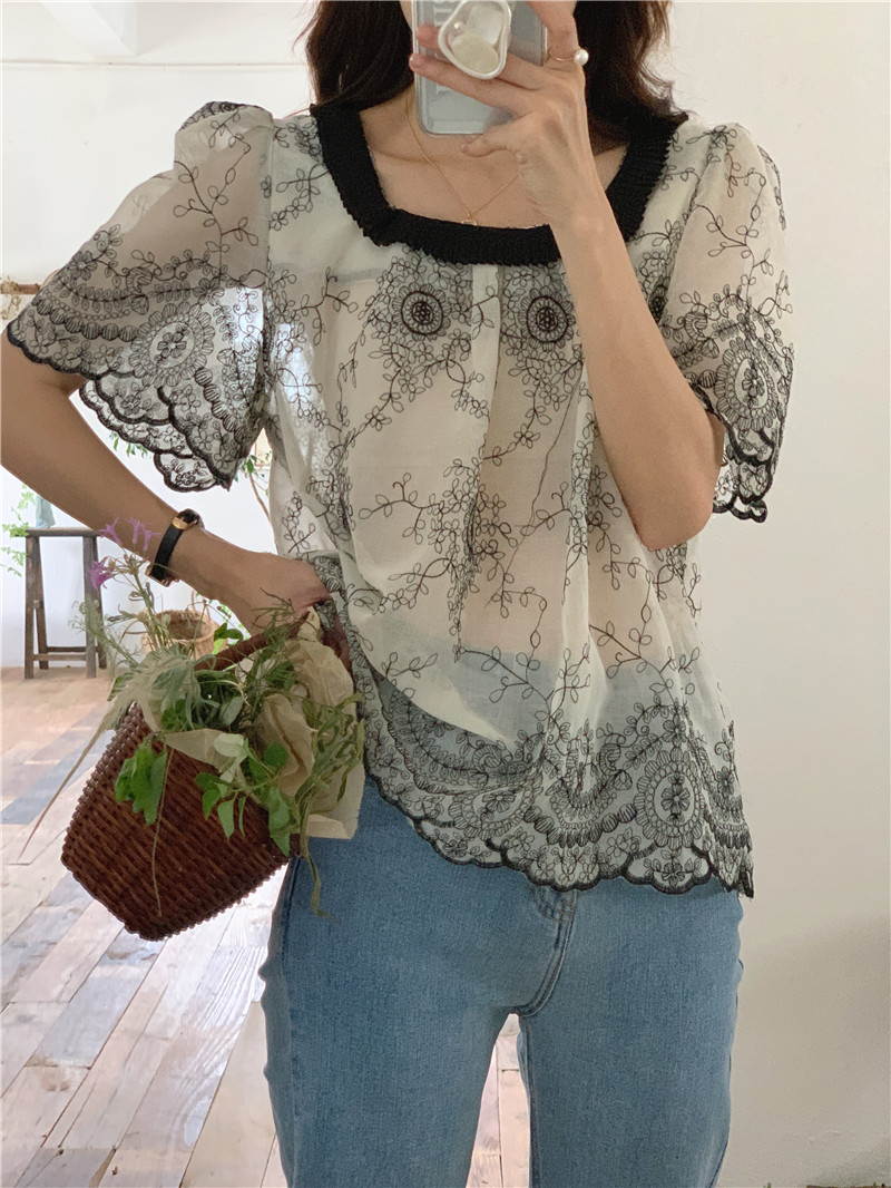 Short sleeve embroidery chiffon shirt Korean style shirt