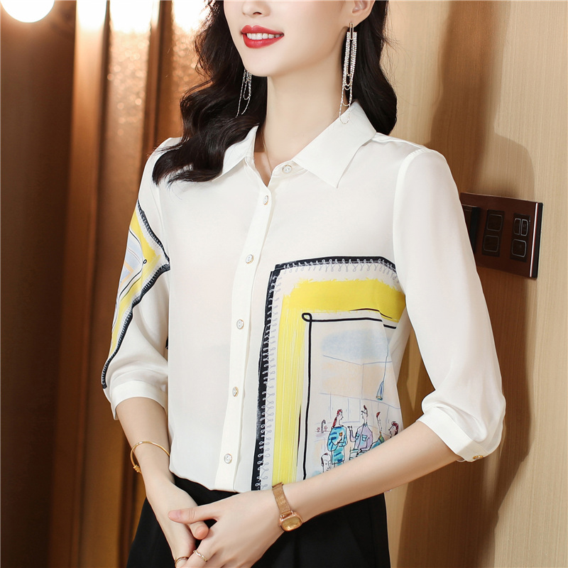 White silk printing tops loose real silk shirt for women