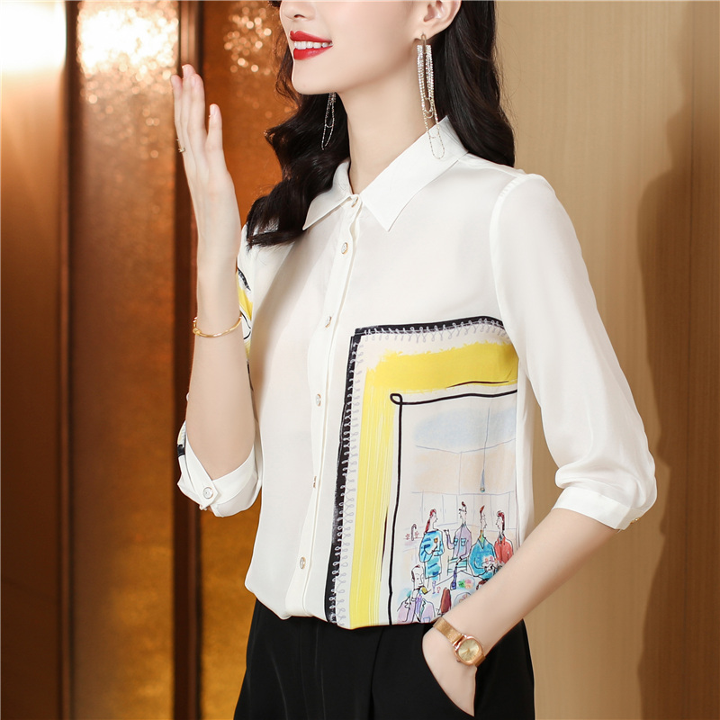 White silk printing tops loose real silk shirt for women