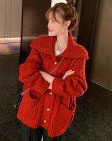 Large lapel thermal cardigan retro sweater for women