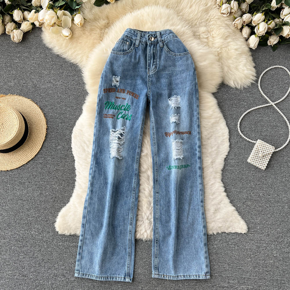 Embroidery thin jeans high waist wide leg pants for women